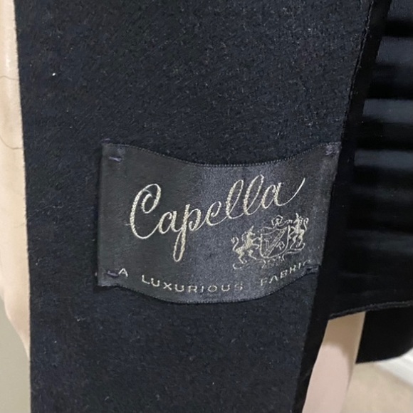 Vintage CAPELLA A Luxurious Fabric Fur Collar Black Open front Long Coat - Picture 11 of 12